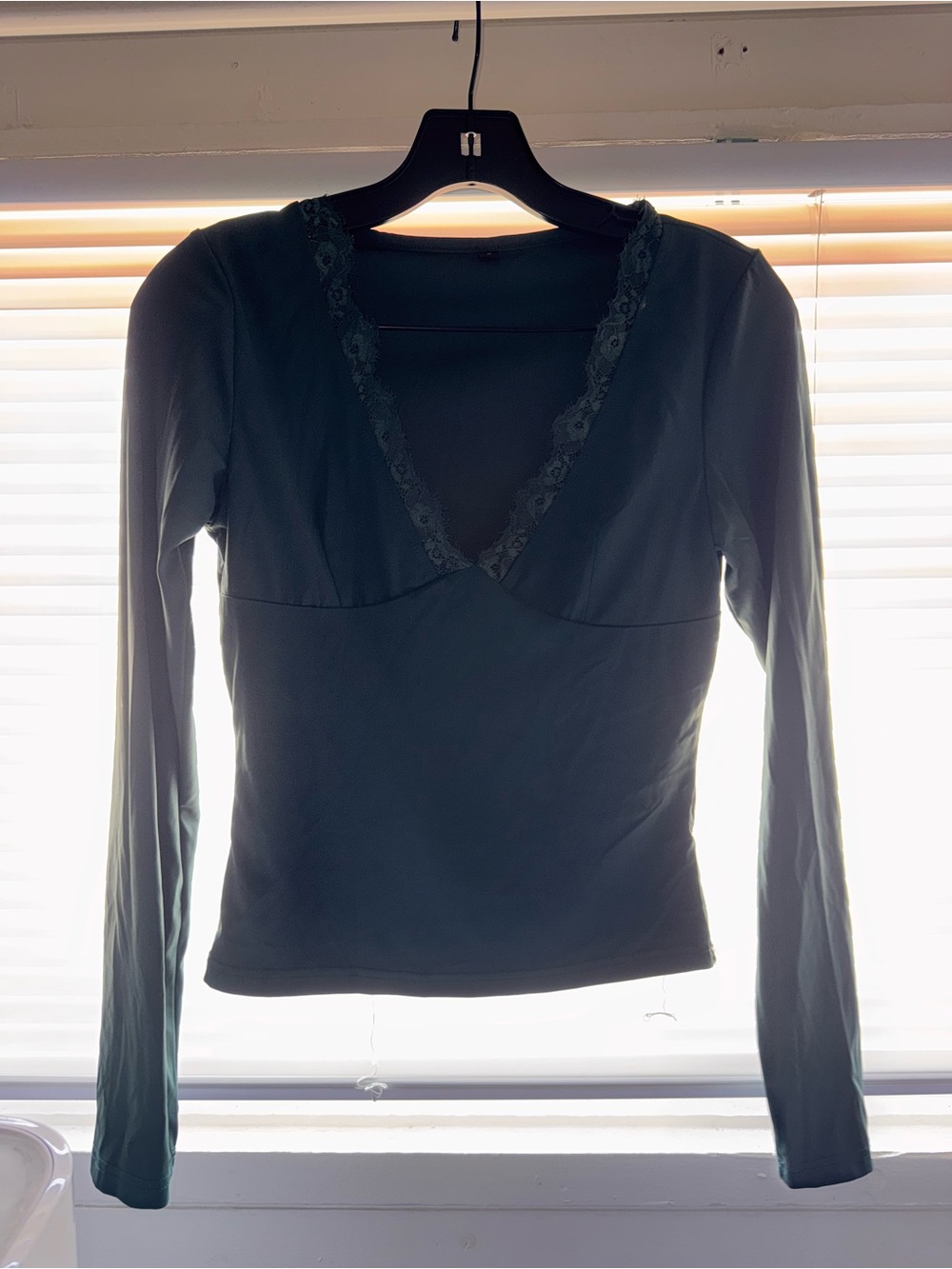 Women's Deep V Lace-Trim Long Sleeve Top - Dark Green